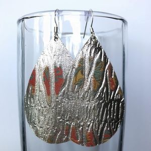 Silver Aztec Print Teardrop Leather Earrings